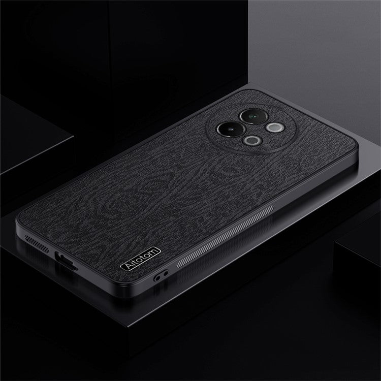 For vivo S18e 5G Back Cover PU+PC+TPU Wood Grain Mobile Phone Protective Case - Black