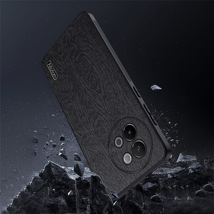 For vivo S18e 5G Back Cover PU+PC+TPU Wood Grain Mobile Phone Protective Case - Black