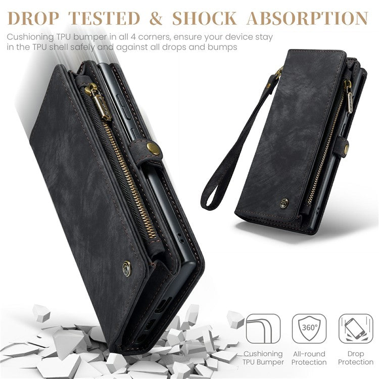 CASEME 008 Series for Samsung Galaxy S24 Ultra Leather Case Detachable Wallet Phone Cover - Black