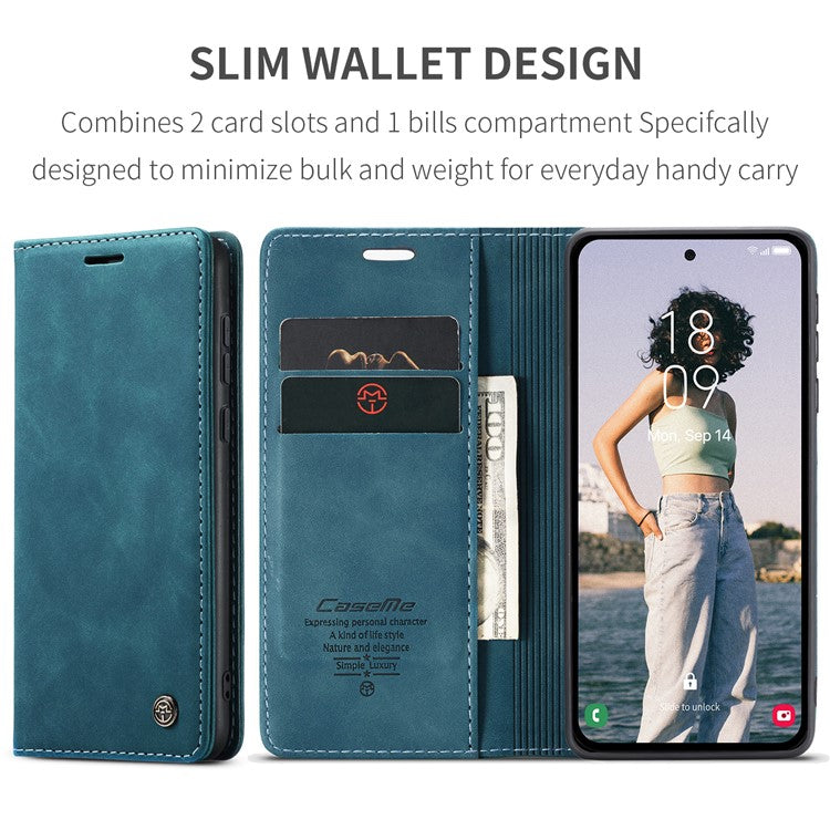 CASEME 013 Series For Samsung Galaxy A55 5G Case PU Leather Stand View Business Phone Cover - Blue