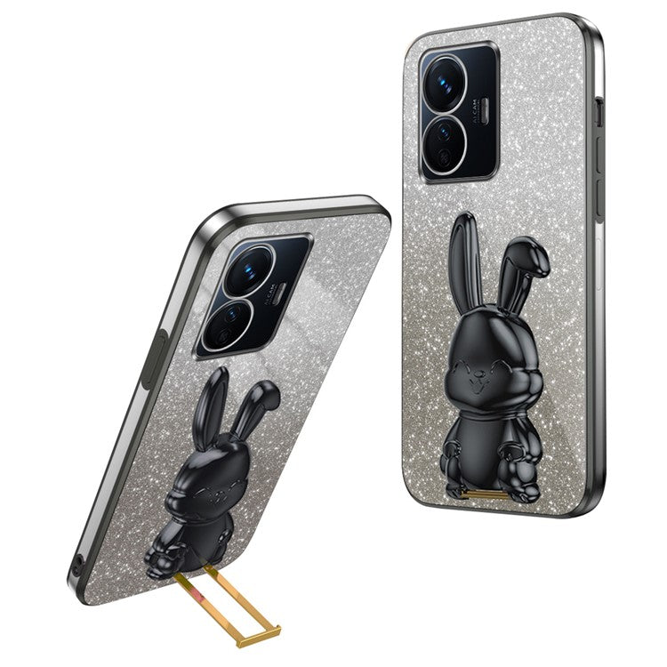 For vivo Y77 5G / Y77e 5G Shockproof Case Rabbit Design Cell Phone Cover with Kickstand - Black