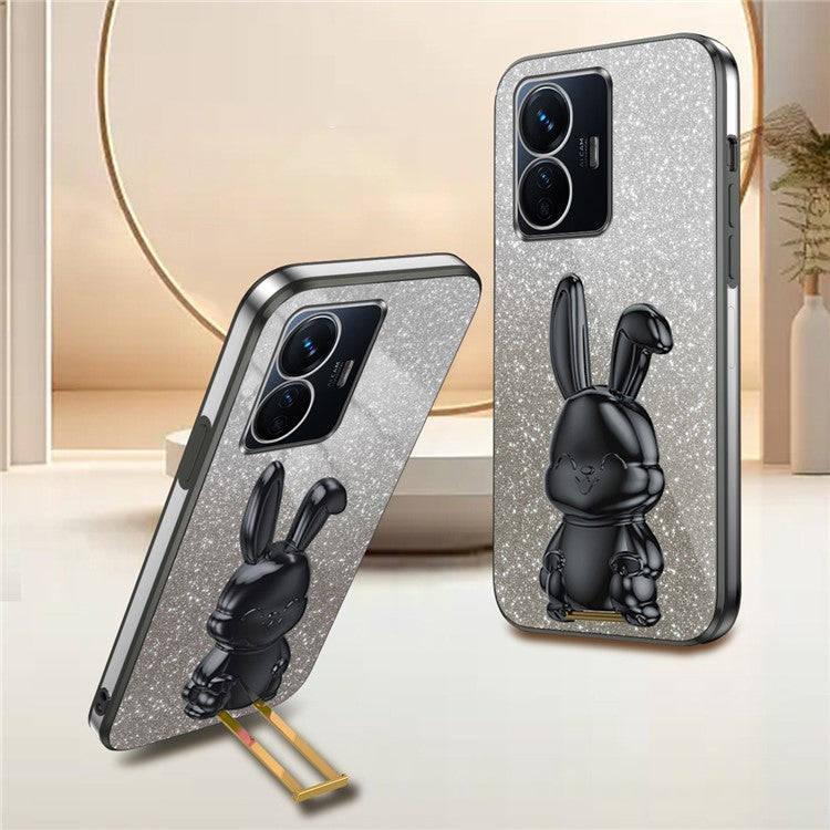 For vivo Y77 5G / Y77e 5G Shockproof Case Rabbit Design Cell Phone Cover with Kickstand - Black