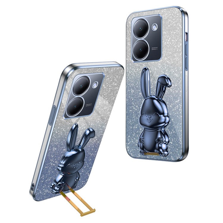 For vivo Y78 5G (China) / Y27 5G / Y36 5G / 4G (Global) Slim Case Rabbit Design Kickstand PC+TPU Phone Cover - Blue