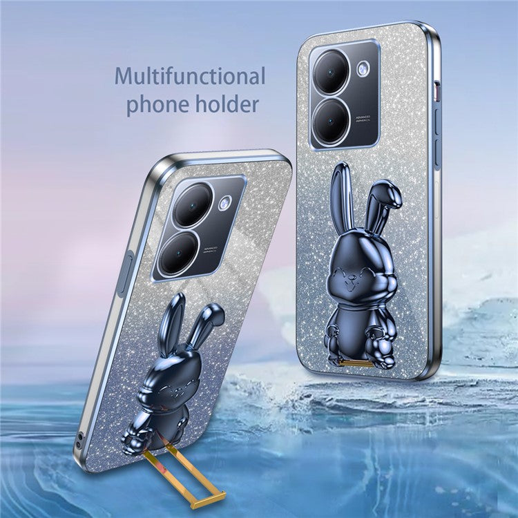 For vivo Y78 5G (China) / Y27 5G / Y36 5G / 4G (Global) Slim Case Rabbit Design Kickstand PC+TPU Phone Cover - Blue