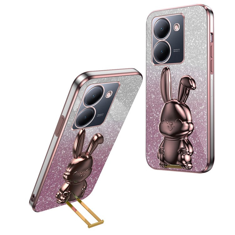 For vivo Y78 5G (China) / Y27 5G / Y36 5G / 4G (Global) Slim Case Rabbit Design Kickstand PC+TPU Phone Cover - Pink