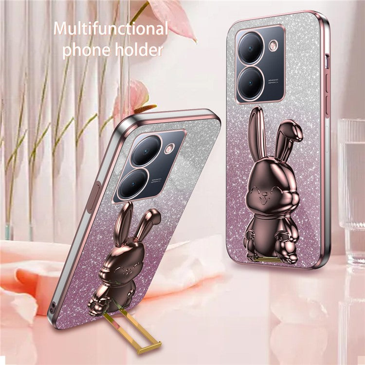 For vivo Y78 5G (China) / Y27 5G / Y36 5G / 4G (Global) Slim Case Rabbit Design Kickstand PC+TPU Phone Cover - Pink