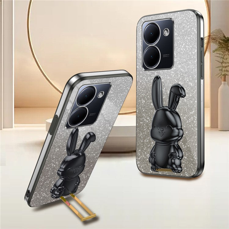 For vivo Y78 5G (China) / Y27 5G / Y36 5G / 4G (Global) Slim Case Rabbit Design Kickstand PC+TPU Phone Cover - Black