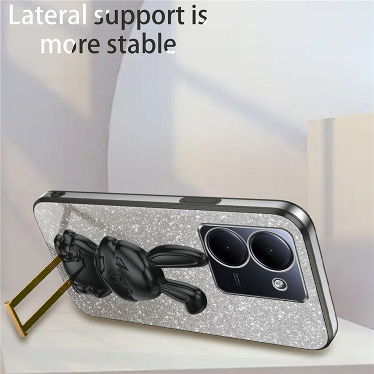 For vivo Y78 5G (China) / Y27 5G / Y36 5G / 4G (Global) Slim Case Rabbit Design Kickstand PC+TPU Phone Cover - Black