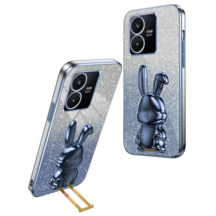 For vivo Y22s 4G / Y22 4G Protective Case Rabbit Design Kickstand PC+TPU Phone Cover - Blue