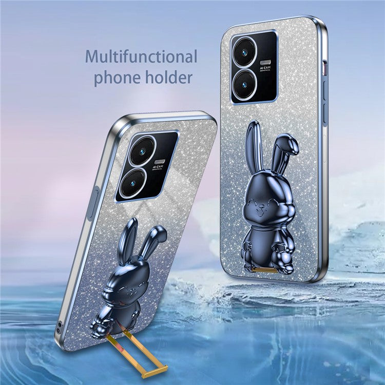 For vivo Y22s 4G / Y22 4G Protective Case Rabbit Design Kickstand PC+TPU Phone Cover - Blue