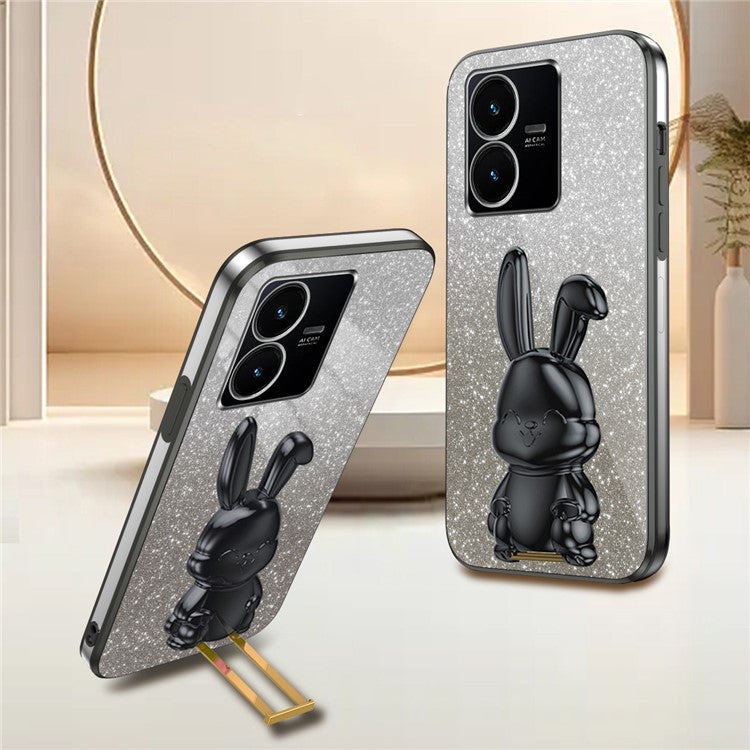 For vivo Y22s 4G / Y22 4G Protective Case Rabbit Design Kickstand PC+TPU Phone Cover - Black