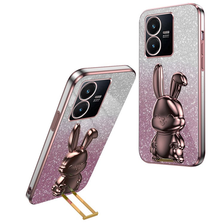 For vivo Y22s 4G / Y22 4G Protective Case Rabbit Design Kickstand PC+TPU Phone Cover - Pink