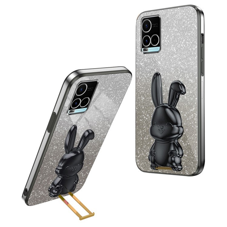 For vivo Y32 4G / Y21 / Y33s / Y21s Slim Case Rabbit Design PC+TPU Kickstand Phone Case - Black