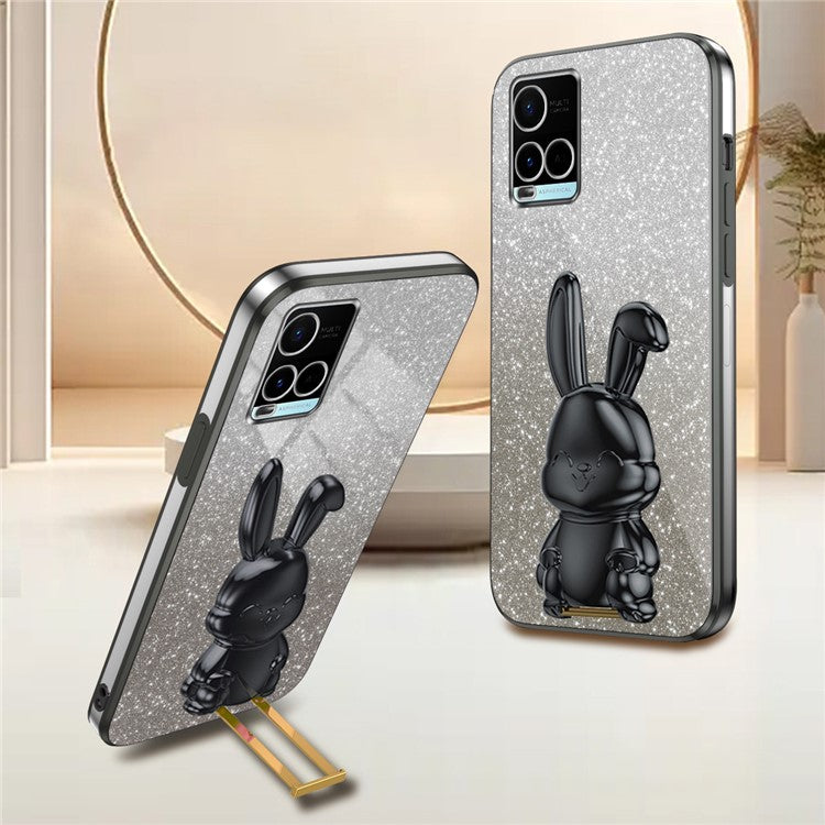 For vivo Y32 4G / Y21 / Y33s / Y21s Slim Case Rabbit Design PC+TPU Kickstand Phone Case - Black