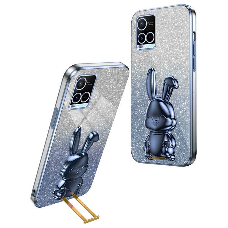 For vivo Y32 4G / Y21 / Y33s / Y21s Slim Case Rabbit Design PC+TPU Kickstand Phone Case - Blue