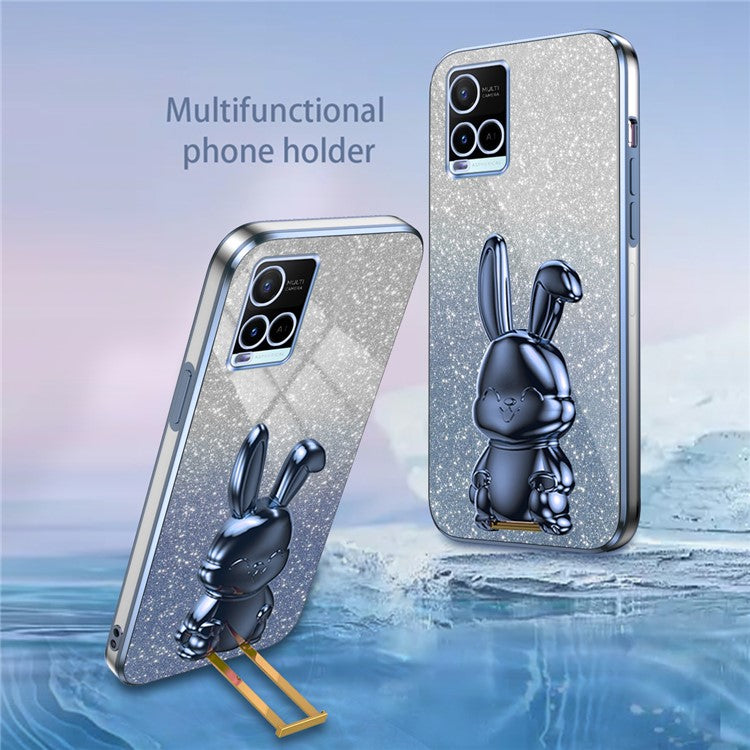 For vivo Y32 4G / Y21 / Y33s / Y21s Slim Case Rabbit Design PC+TPU Kickstand Phone Case - Blue