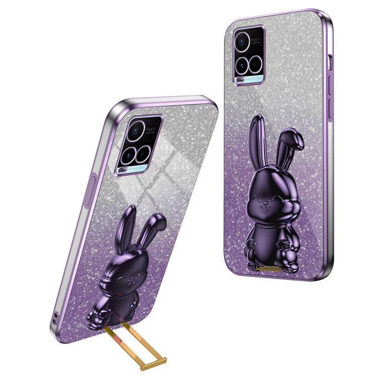 For vivo Y32 4G / Y21 / Y33s / Y21s Slim Case Rabbit Design PC+TPU Kickstand Phone Case - Purple