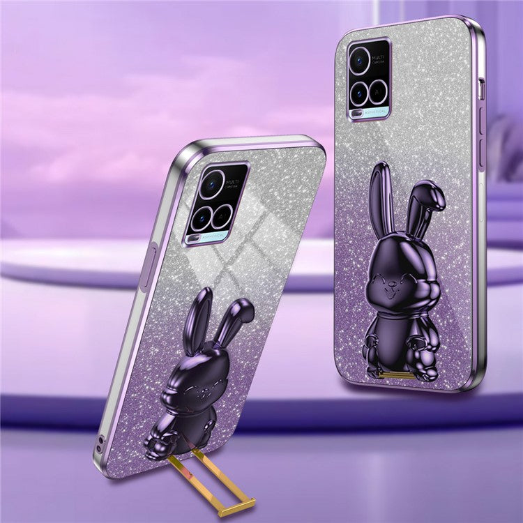 For vivo Y32 4G / Y21 / Y33s / Y21s Slim Case Rabbit Design PC+TPU Kickstand Phone Case - Purple