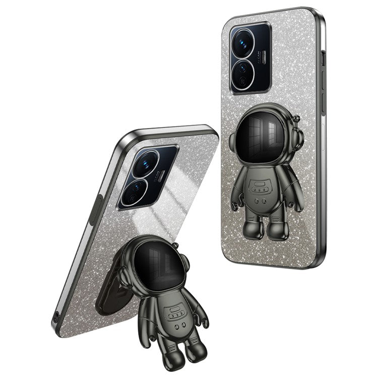 For vivo Y77 5G / Y77e 5G PC+TPU Case with Kickstand Cartoon Astronaut Electroplating Phone Shell - Black