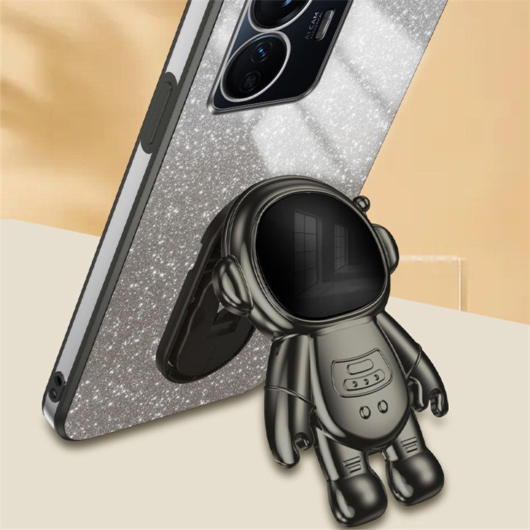 For vivo Y77 5G / Y77e 5G PC+TPU Case with Kickstand Cartoon Astronaut Electroplating Phone Shell - Black