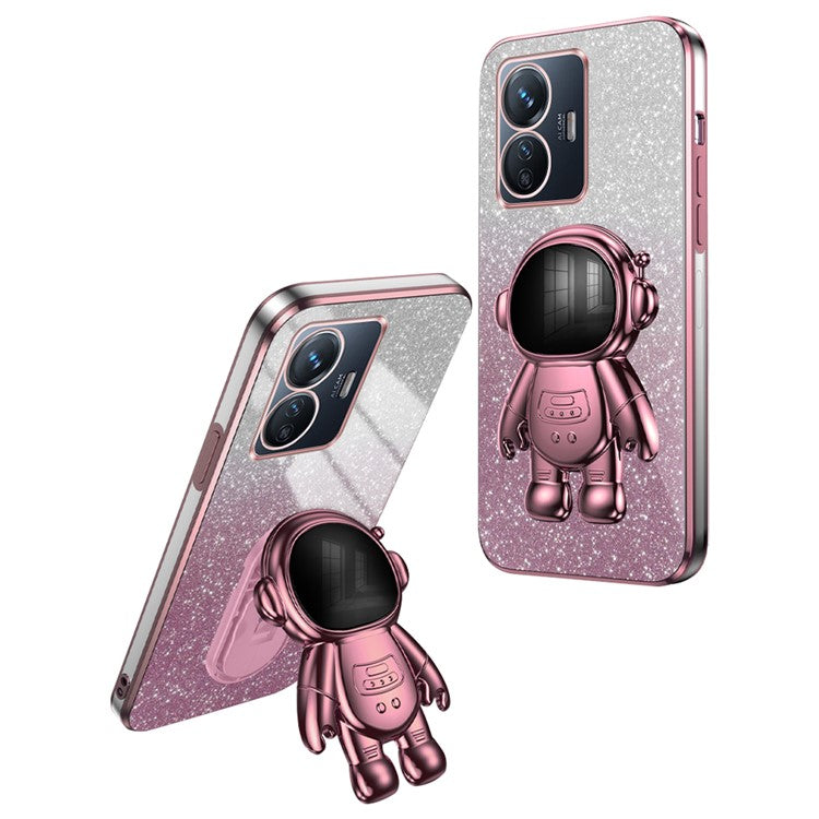 For vivo Y77 5G / Y77e 5G PC+TPU Case with Kickstand Cartoon Astronaut Electroplating Phone Shell - Pink