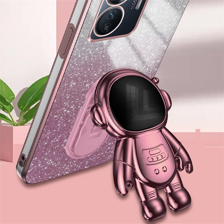 For vivo Y77 5G / Y77e 5G PC+TPU Case with Kickstand Cartoon Astronaut Electroplating Phone Shell - Pink