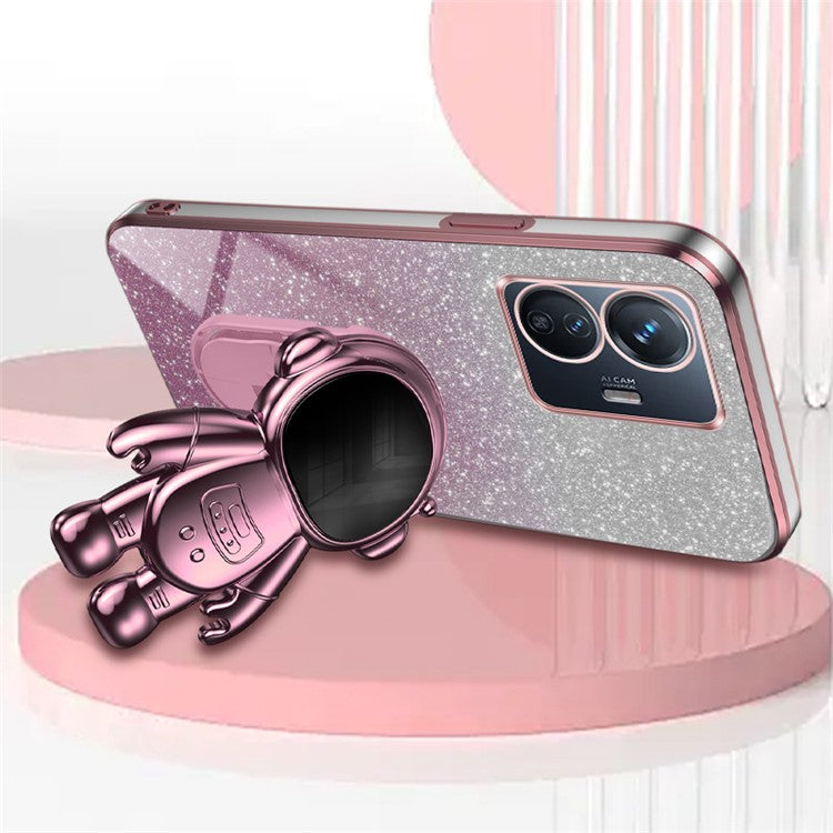 For vivo Y77 5G / Y77e 5G PC+TPU Case with Kickstand Cartoon Astronaut Electroplating Phone Shell - Pink