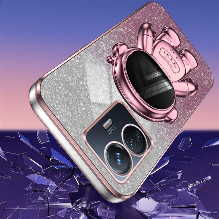 For vivo Y77 5G / Y77e 5G PC+TPU Case with Kickstand Cartoon Astronaut Electroplating Phone Shell - Pink