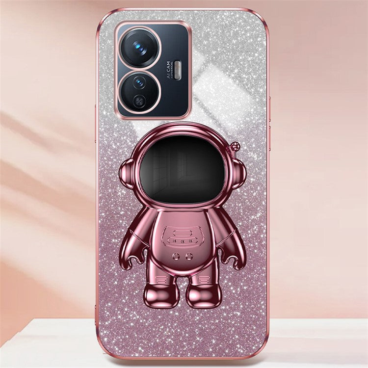 For vivo Y77 5G / Y77e 5G PC+TPU Case with Kickstand Cartoon Astronaut Electroplating Phone Shell - Pink