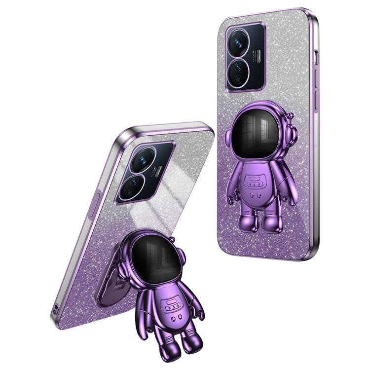 For vivo Y77 5G / Y77e 5G PC+TPU Case with Kickstand Cartoon Astronaut Electroplating Phone Shell - Purple