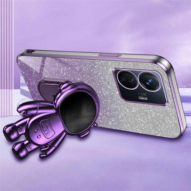 For vivo Y77 5G / Y77e 5G PC+TPU Case with Kickstand Cartoon Astronaut Electroplating Phone Shell - Purple