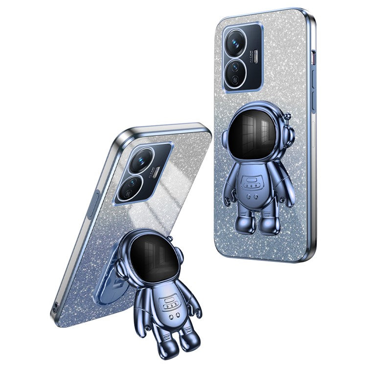 For vivo Y77 5G / Y77e 5G PC+TPU Case with Kickstand Cartoon Astronaut Electroplating Phone Shell - Blue