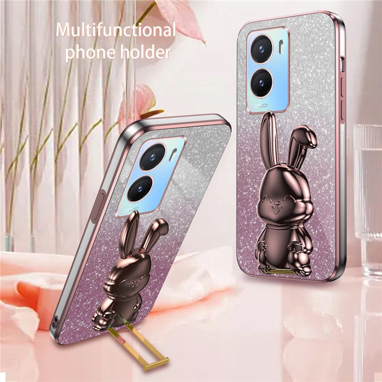 For vivo Y35 5G Pull-Out Kickstand Phone Protective Case Cartoon Rabbit Decor Cover - Pink