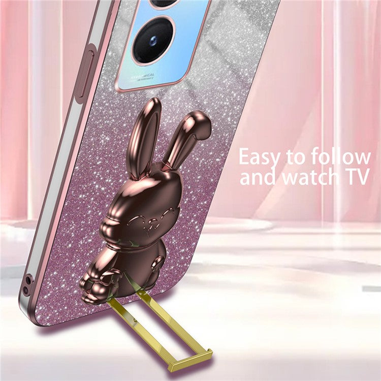 For vivo Y35 5G Pull-Out Kickstand Phone Protective Case Cartoon Rabbit Decor Cover - Pink