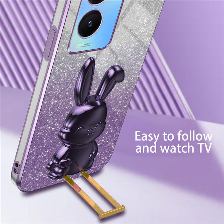 For vivo Y35 5G Pull-Out Kickstand Phone Protective Case Cartoon Rabbit Decor Cover - Purple