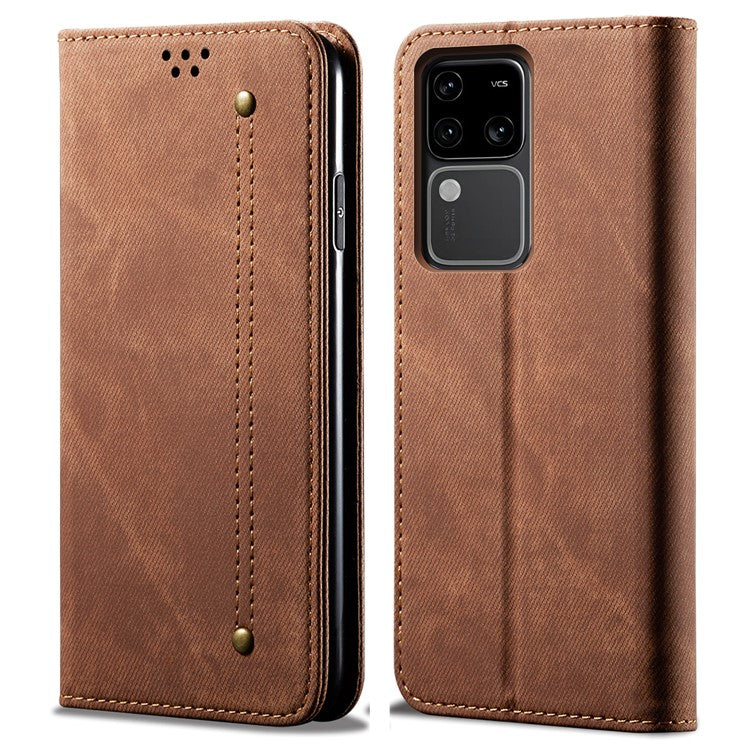 For vivo S18 5G / V30 5G Case Jeans Cloth Texture Leather Flip Wallet Phone Cover - Brown