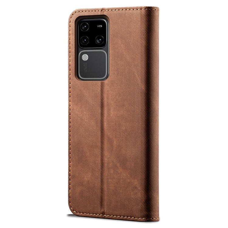 For vivo S18 5G / V30 5G Case Jeans Cloth Texture Leather Flip Wallet Phone Cover - Brown