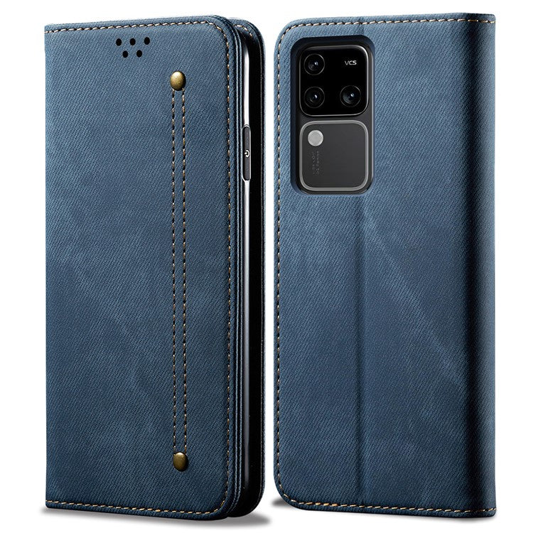 For vivo S18 5G / V30 5G Case Jeans Cloth Texture Leather Flip Wallet Phone Cover - Blue