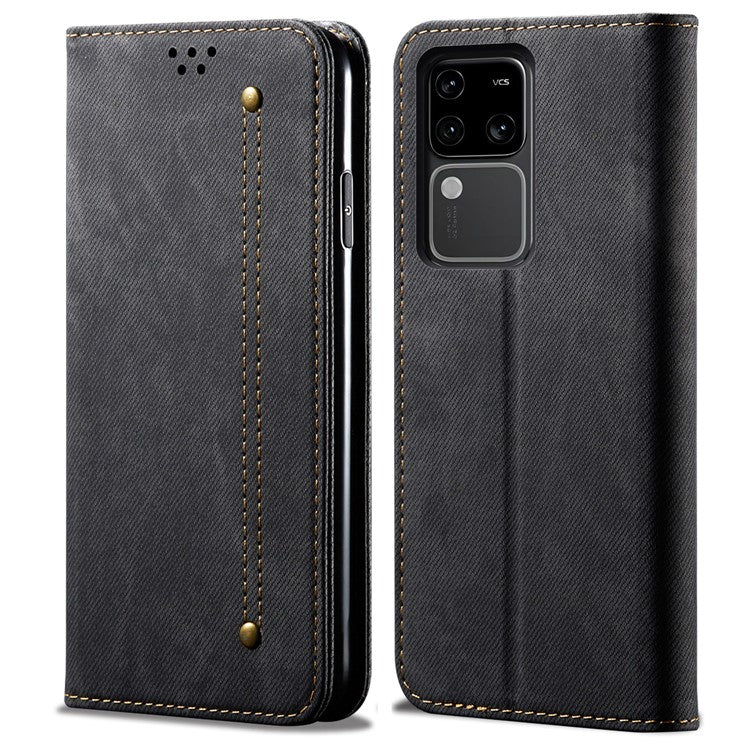 For vivo S18 5G / V30 5G Case Jeans Cloth Texture Leather Flip Wallet Phone Cover - Black