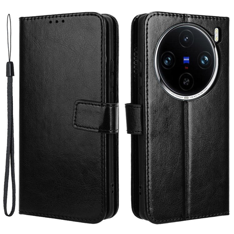 For vivo X100 Pro 5G Leather Case Crazy Horse Texture Stand Wallet Phone Cover - Black