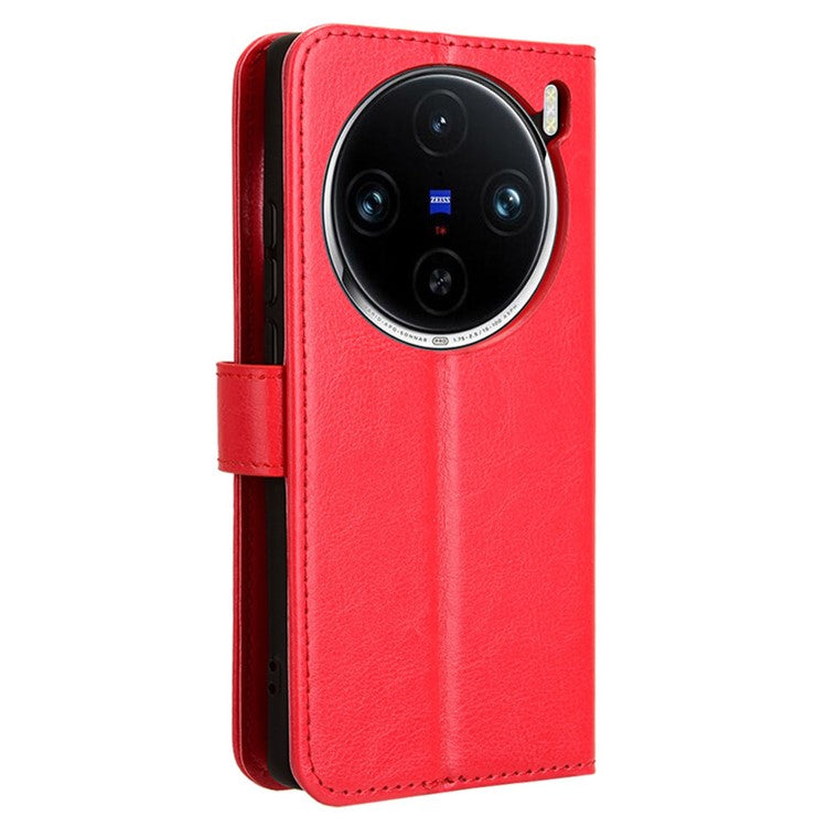 For vivo X100 Pro 5G Leather Case Crazy Horse Texture Stand Wallet Phone Cover - Red