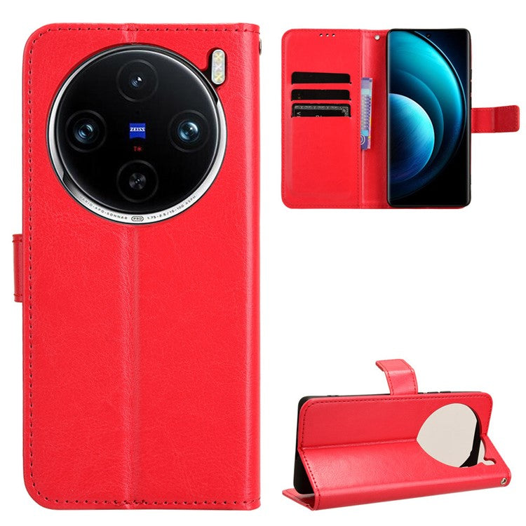 For vivo X100 Pro 5G Leather Case Crazy Horse Texture Stand Wallet Phone Cover - Red