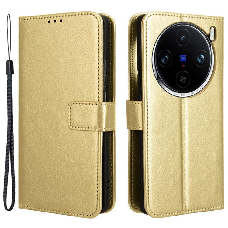 For vivo X100 Pro 5G Leather Case Crazy Horse Texture Stand Wallet Phone Cover - Gold