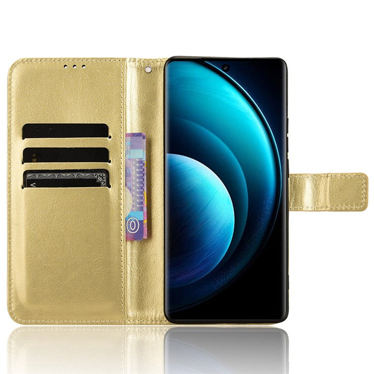 For vivo X100 Pro 5G Leather Case Crazy Horse Texture Stand Wallet Phone Cover - Gold