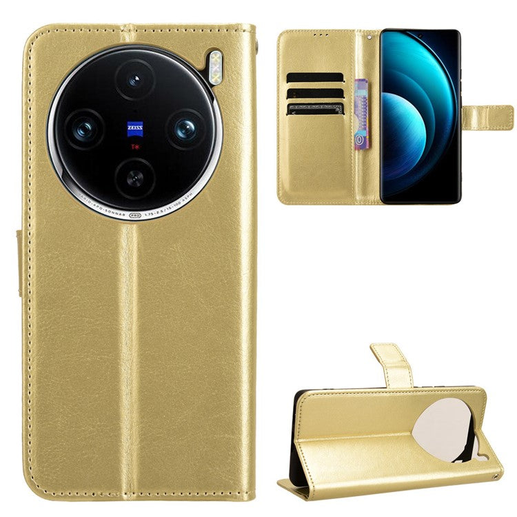 For vivo X100 Pro 5G Leather Case Crazy Horse Texture Stand Wallet Phone Cover - Gold