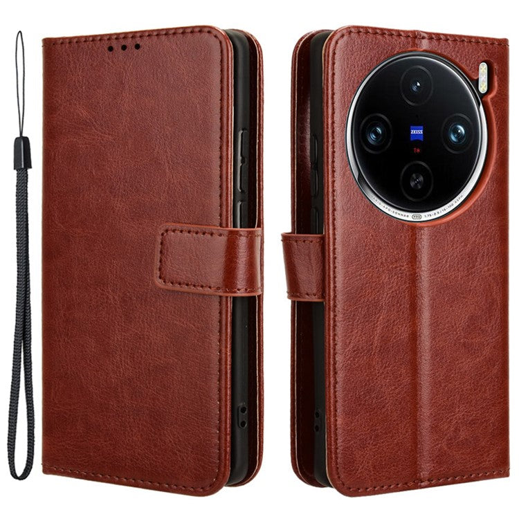 For vivo X100 Pro 5G Leather Case Crazy Horse Texture Stand Wallet Phone Cover - Brown