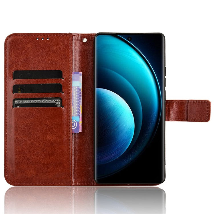 For vivo X100 Pro 5G Leather Case Crazy Horse Texture Stand Wallet Phone Cover - Brown