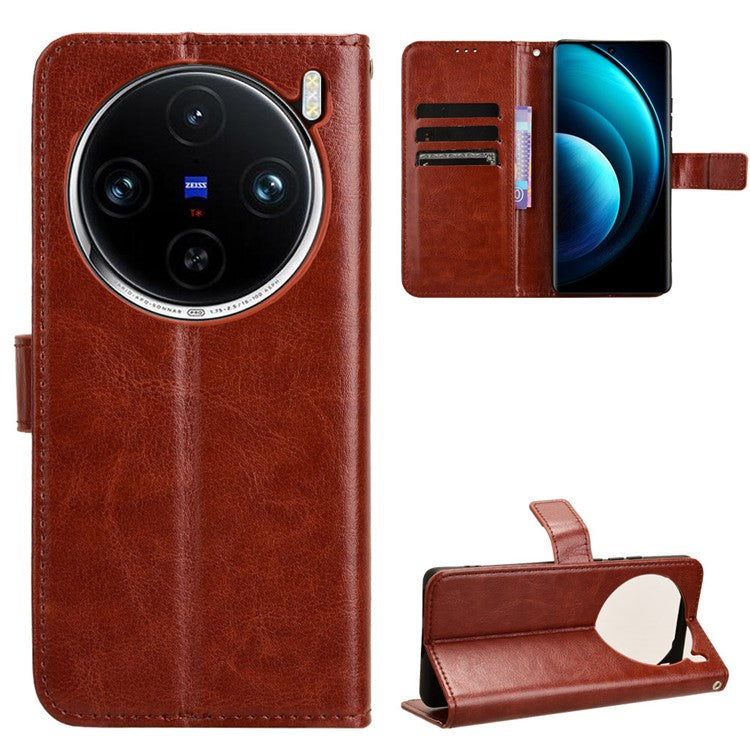 For vivo X100 Pro 5G Leather Case Crazy Horse Texture Stand Wallet Phone Cover - Brown