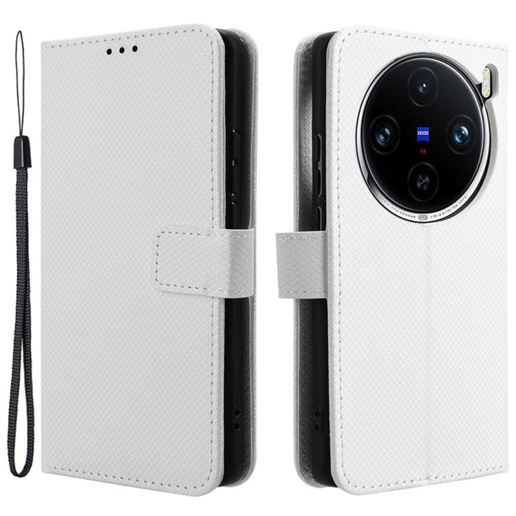 For vivo X100 Pro 5G Case Diamond Texture Leather Protective Phone Cover - White