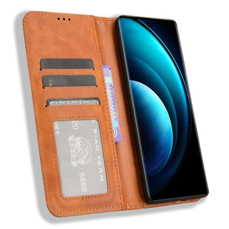 For vivo X100 Pro 5G Case Flip Wallet Retro Leather Flip Phone Cover Magnetic Closure - Brown